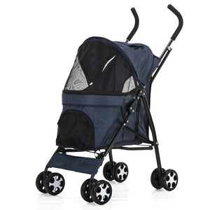 Outdoor Pet Cart Dog Cat Carrier Pet Stroller Blue Oxford Cloth Steel Pipe High-intensity 4-wheels One-key Folding